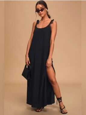 Lulus Salt Water Breeze Black Tie Strap Maxi Dress Size S